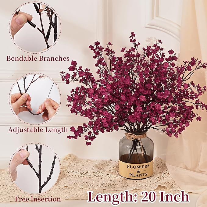 Yastouay Fake Fall Flowers Real Touch Silk Flowers, 5Pcs Fall Burgundy Artificial Flowers for Decorations, Babys Breath Artificial Flowers Bulk for Thanksgiving Fall Decor Floral Arrangement
