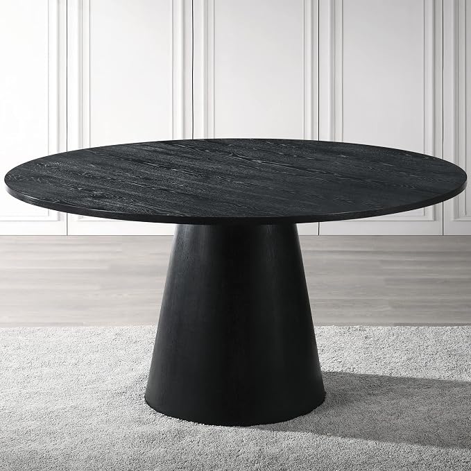 Terra 59" Round Transitional Dining Table, Engineered Wood, Smooth Finish, Mid-Century Modern Pedestal Base, 1" Thick Tabletop, Seats 4, Kitchen or Dining Room Furniture, (Black)
