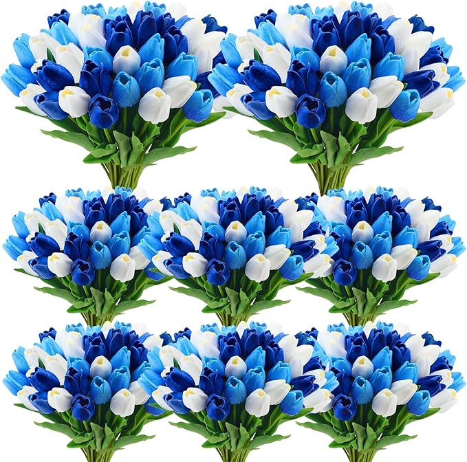 Janinka 100pcs Artificial Tulip Flowers Fake PU Tulips Faux Latex Bouquet Flower Centerpieces Arrangement Floral for Mother Day Wedding Spring Decorations (White,Light Blue,Royal Blue)