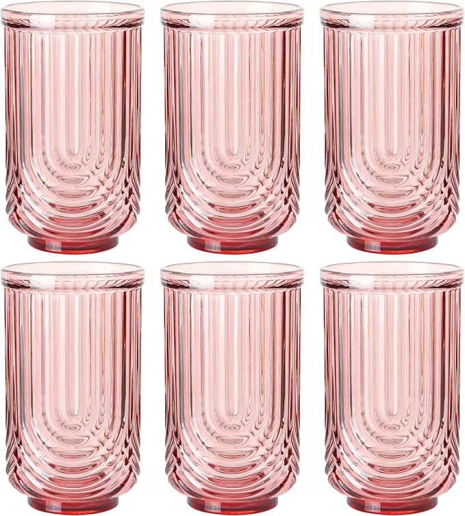 JOVGANK Pink Vintage Glassware Set of 6-17Oz Pink Water Drinking Glass, Art Deco Ripple Highball Glass, Whiskey Cocktail Glasses, for Bar Ice Coffee Juice, Housewarming Gifts and Mother's Day Gift