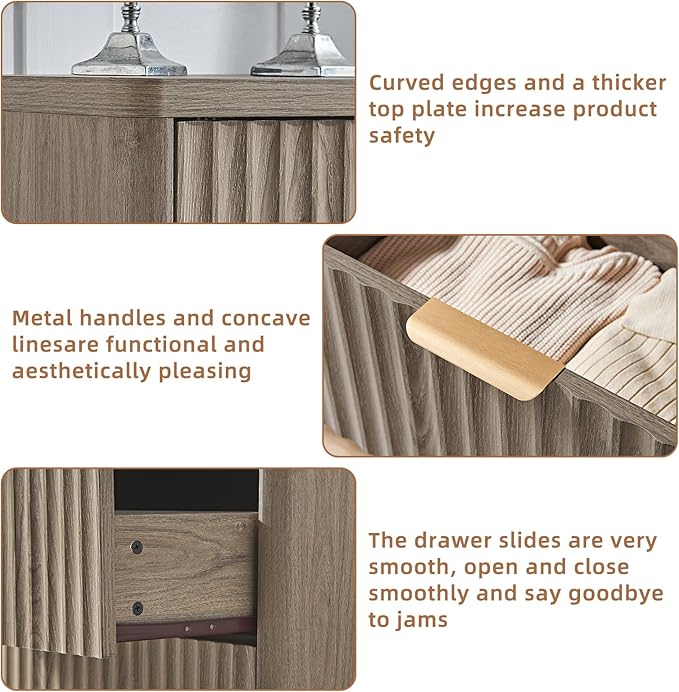LEYAOYAO Fluted 6 Drawers Dresser Set of 2, 48" Wide Modern Chest of Drawers with Wood Grain Top, Curved Profile Design, Dresser TV Stand, Wooden Drawer Organizer for Bedroom, Living Room,Hallway,Grey
