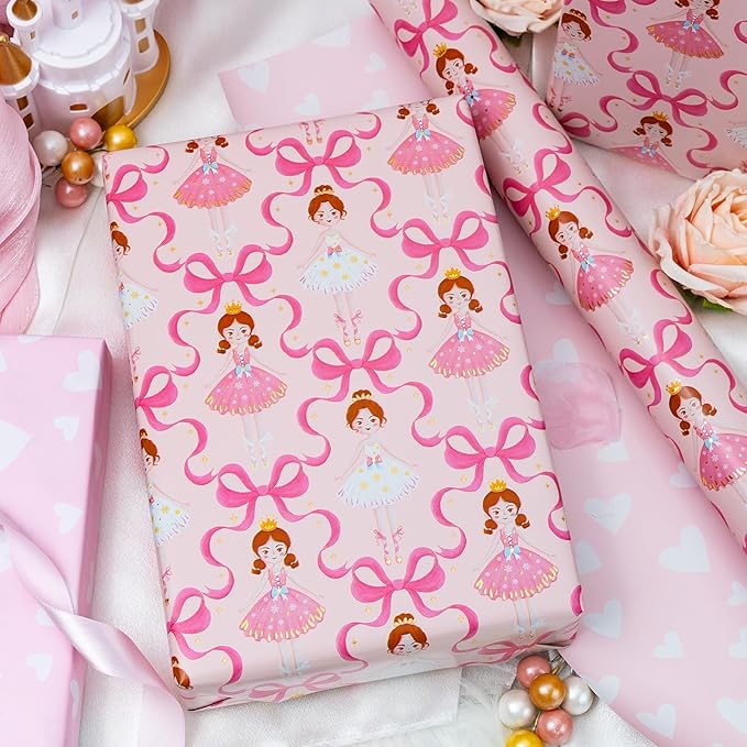 Homeral Pink Ballerina Wrapping Paper Roll - Ballet Princess with Bowknots & Heart Pattern, Reversible Gift Wrap for Girls Birthday, Baby Shower, Bridal Shower, Party - Mini Roll - 17 Inch x 16.5 Feet
