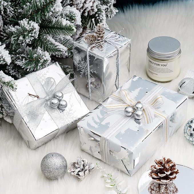 MAYPLUSS Christmas Wrapping Paper Roll - Mini Roll - 17 inch X 120 inch Per roll - Silver Bear, Snowflkes with Glitter Gold Foil Design(42.3 sq.ft.ttl)