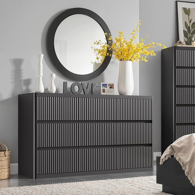 Fluted 9 Drawers Dresser, Wooden Dresser for Bedroom, Curved Profile Design, 57" Wide Modern Chest of Drawers with Texture, Large Dressers TV Stand with Organizer, Black