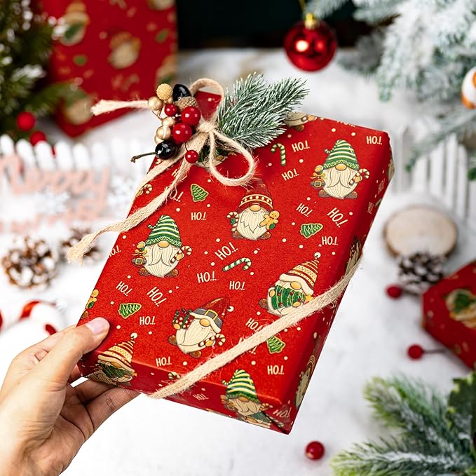 Yarcony Gnomes Christmas Wrapping Paper, Kraft Red Wrapping Paper, Recyclable Funny Gnome Thick Christmas Gift Wrap for Holiday Gifting, Festive Winter Celebrations (Mini Roll, 17 Inch X 33 Feet)