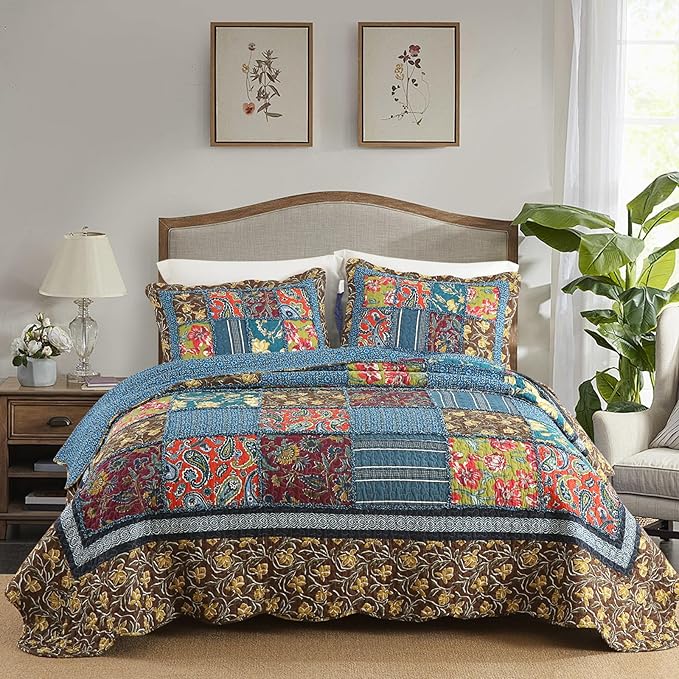 Yvooxny Queen Quilt Set Reversible Paisley Queen Size Quilted Bedspread Coverlet Set Country Farmhouse Cottage Quilted Bedding Set with Pillowcases for All Seasons, Queen Size, 98 * 90 Inches