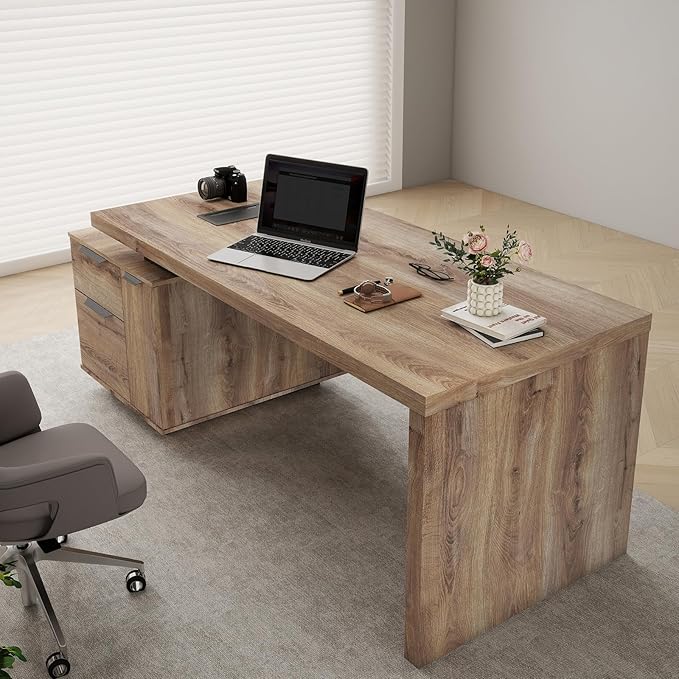 Modern Executive Desk, Rectangle Office Desk with Storage Cabinet, Width Adjustable Standing Desks, Stand Under Table Storage Organizer, Mahogany