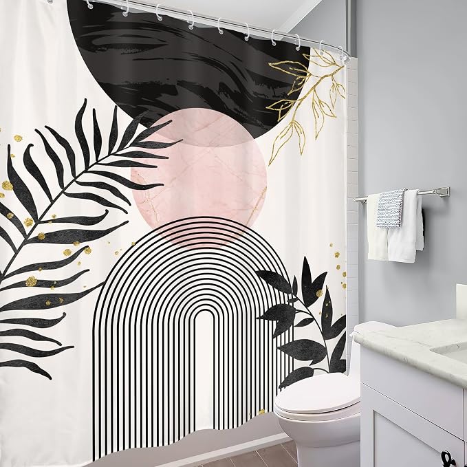 Black Pink Boho Shower Curtain Mid Century Modern Abstract Bohemian Minimalist Gold Leaves Sun Arch Geometric Plant 60Wx72H Bathroom Decor Neutral Bath Curtain Fabric Polyester 12 Pack Hooks