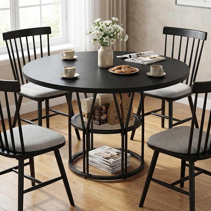 Garvee Round Dinning Table for 4-6 - 47" Circle Dinner Table with Storage Shelf & Sturdy Metal Frame, Modern Breakfast Tea Desk for Kitchen, Living Room, Apartment, Office, Black