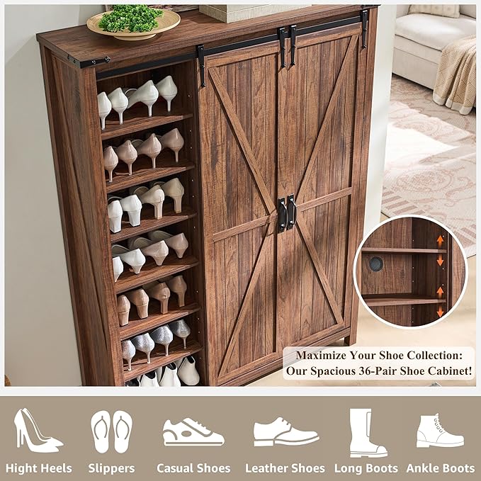 OKD Storage Cabinet with 2 Sliding Door, 7-Tier 62" Tall Farmhouse Entryway Shoe Cabinet, Freestanding Rustic Hidden Shoe Organizer for Entryway, Rustic Walnut