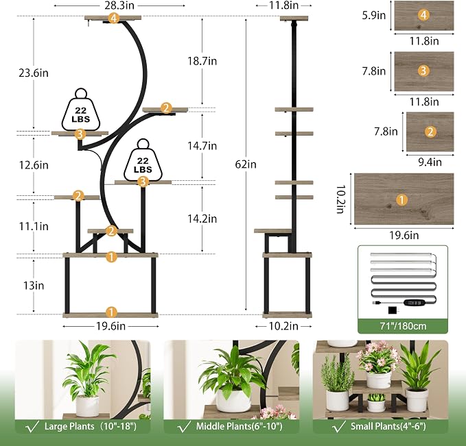 Plant Stand with Grow Lights for Indoor Plants, 8-Tiered Tall Corner Plant Shelf with Full Spectrum Light, S-Shaped Space-Saving Narrow Flower Holder, Anti-Tip for Living Room Bedroom Office, Grey