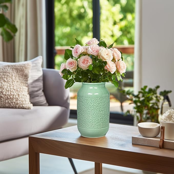 Ceramic Flower Vase, 9 Inch Green Vases for Home Decor, Modern Vase, Centerpieces, Table, Shelf, Console Cabinet, Entryway, Living Room, Bathroom, Office Decor