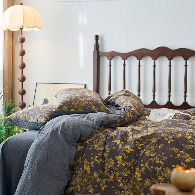 mixinni Vintage Floral Duvet Cover King Set - Gold Jacquard & Grey Reversible, 100% Yarn-Dyed Double-Layer Cotton, Breathable & Luxurious Farmhouse Bedding (3-Piece, Includes 2 Pillowcases)
