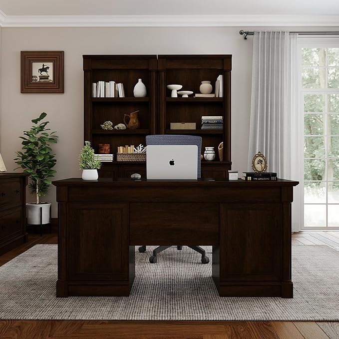 61.85″ Large Executive Desk with Roman Column Design, for Boss Office Home Office 3 Drawers incl. File Drawer, Keyboard Tray, Shelf Cabinet with Door, Dark Cherry