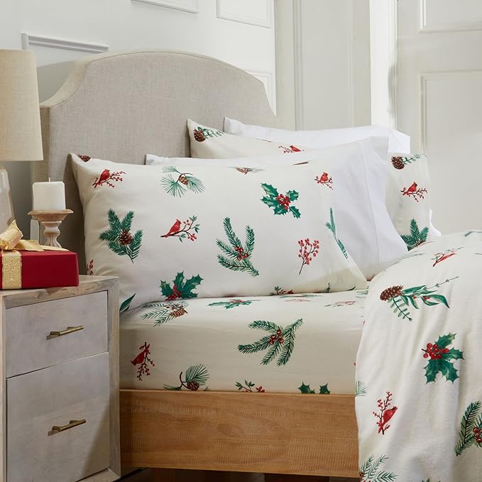 Market & Place 100% Cotton King Flannel Sheet Set | 4 Piece Deep Pocket Novelty Cozy Winter Bed Sheets | Double Brushed for Extra Softness & Comfort | Alpine Collection (King, Cardinal & Pine)