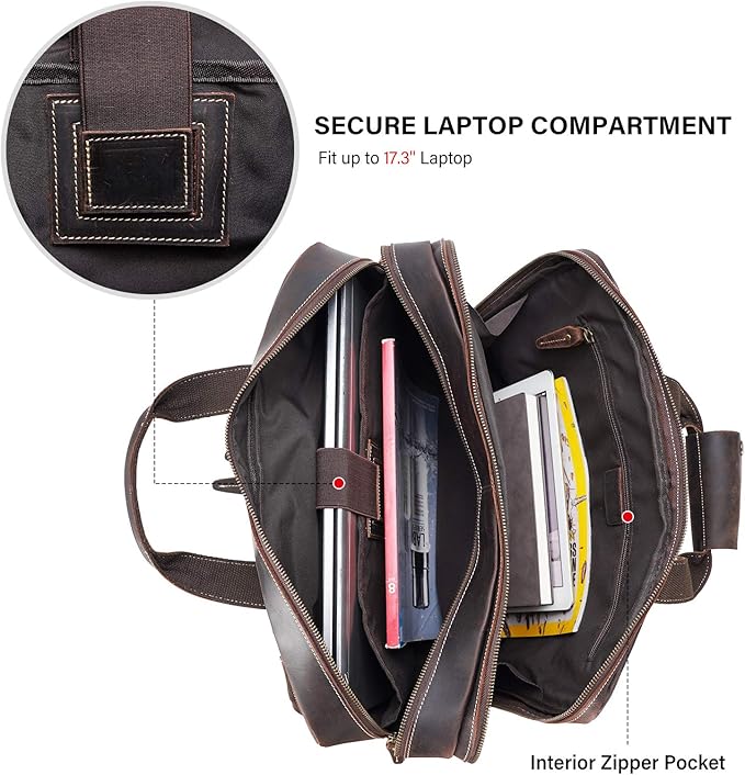 compalo Men's Solid Thick Full Grain Leather 17.3" Laptop Briefcase Classic Messenger Bag Fit Business Travel | Solid, Thick, Full Grain Leather, 17.3", Classic, Fit, Business Travel
