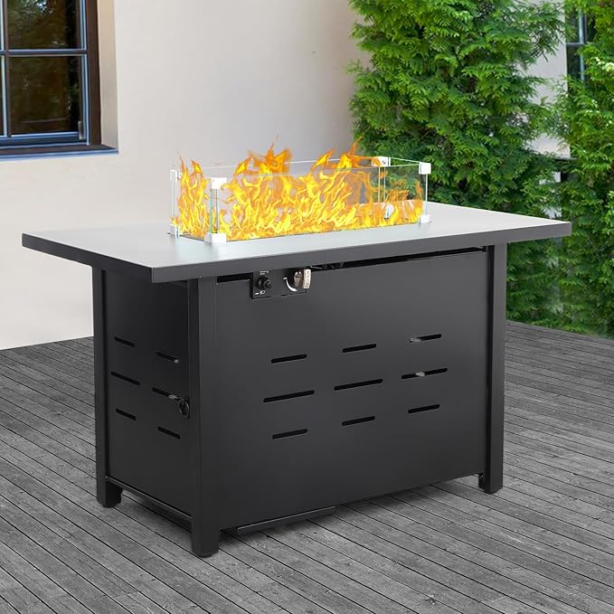 Propane Fire Pit 43 Inch Outdoor Fire Pit 50000 BTU Rectangle Gas Fire Table with Steel Lid, Blue Crystal Beads, Glass Wind Guard and Waterproof Cover for Outside Patio and Garden