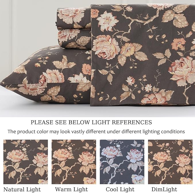 Zusbest Dark Brown Floral Bed Sheets Set - Full Size Percale Cotton Shabby Rustic Peony Flower Print Bed Sheets - Soft Breathable Mocha Classic Vintage Bedding 4 Pcs Deep Pocket Flower Bed Sheets