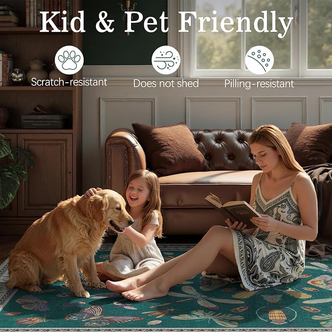 DCX 6x9 Washable Insect Rug, Vintage Gothic Deep Teal Rug with Non-Slip Rubber Backing, Soft Low-Pile, Stain-Resistant, Kid & Pet Friendly, for Living Room, Bedroom, Office, and Nature-Themed Decor