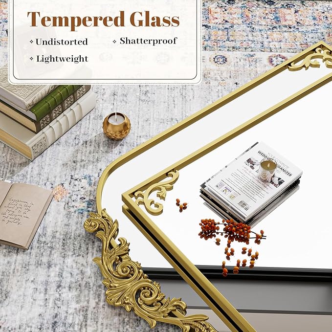 VooBang 26x38 inch Vintage Arched Bathroom Mirror - Gorgeous Wall Vanity Mirror with Beautiful Retro Top and Bottom Engraving Process Frame for Entryway Hallway Living Room, Gold