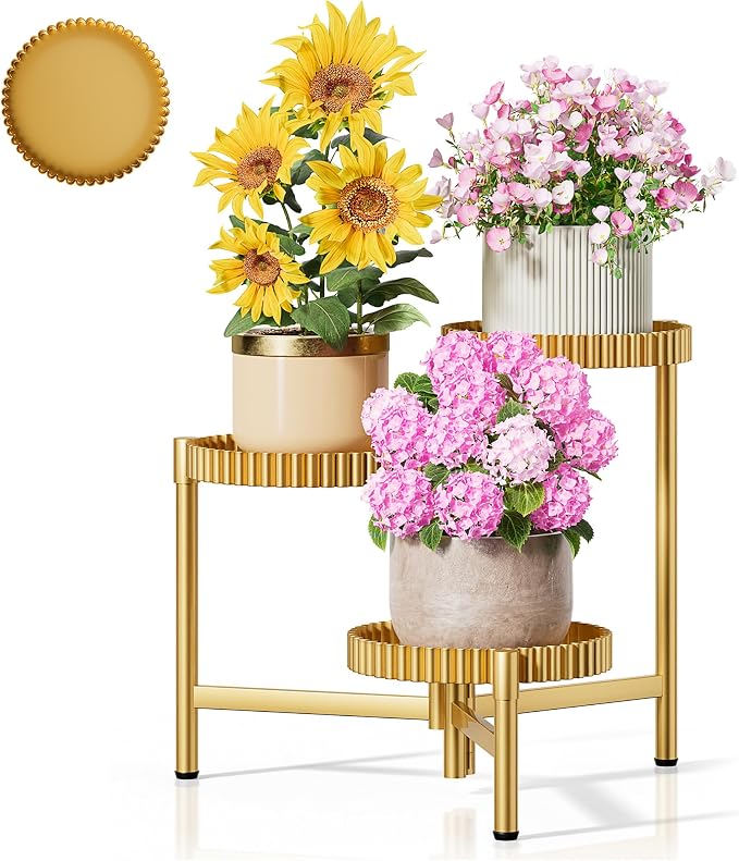 Stand Plants, 3 Tier Metal Corner Plant Stands for Outdoor Indoor, Heavy Duty Flower Pot Stands for Multiple Plants, Decoration Floding Tall Display Racks for Patio Garden -GoldFloroma