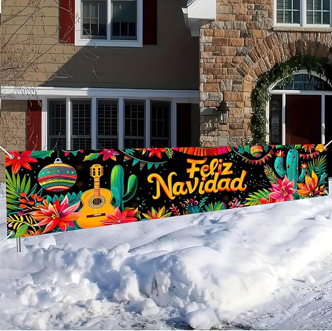 Feliz Navidad Banner 118 x 20 Inch Mexican Christmas Backdrop with Guitar Cactus Poinsettia Flowers Large Holiday Party Wall Decoration for Outdoor Fence Yard Porch Photography
