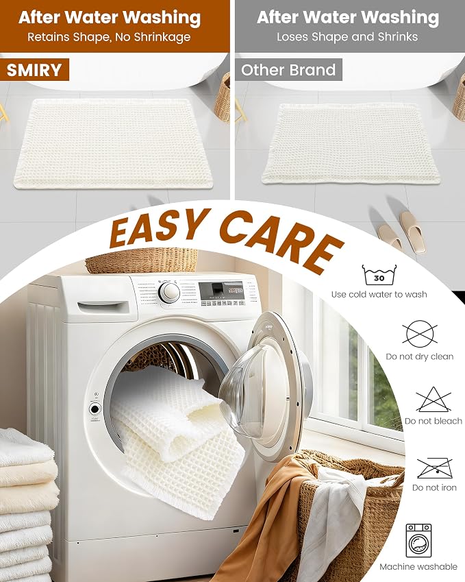 Smiry Waffle Bath Mat 47x24, Extra Soft Absorbent Bathroom Rugs, Non Slip Machine Washable Quick Dry Bath Rugs for Bathroom Floor, Tub, Shower, Home Decor Accessories, Cream