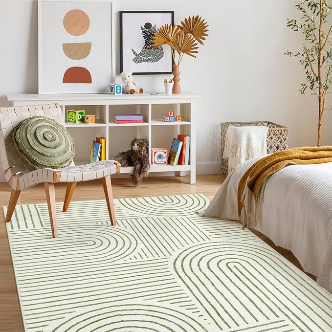 Lahome Abstract Washable Area Rug 5x7, Soft Bedroom Rug Ultra-Thin Non Slip Green Rugs for Living Room, Modern Accent Rug Large Carpet for Dining Room Office Darrell (5'x7',Green)