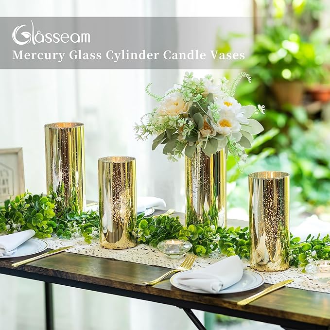 Glasseam Gold Cylinder Vases for Centerpieces: 12 Modern Mercury Hurricane Glass Vase Set for Flowers - Decorative Golden Pillar Candle Holders for Wedding Party Dining Room Table Decor