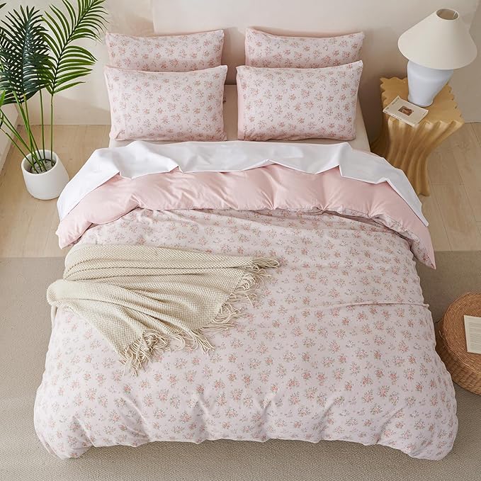 Comforter Set Queen Size Floral Soft 3 Pieces Chic Crinkle Gauze Fabric Garden Style Flower Print Botanical Comforter for All Seasons Luxury Warmth Comfy Breathable with 2 Pillowcases