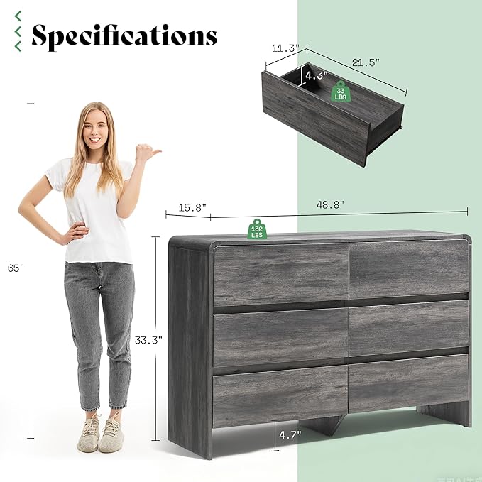 AMERLIFE 6 Drawer Dresser for Bedroom, 49" Wide Modern Chest of Storage Drawers with Rounded Corners, Anti-Tip Kit, Wood Cabinet Organizer for Closet, Living Room, Nursery, Easy Assembly, Black