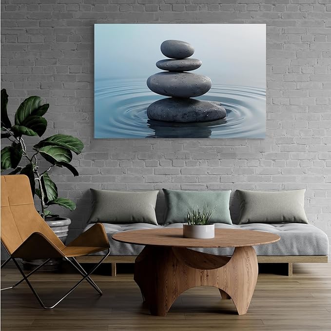 Zen wall art Harmonious grey stones stacked on a calm surface of water Serene Zen decor suitable for tranquil homes and spaces of meditation 24x36in Wood Framed
