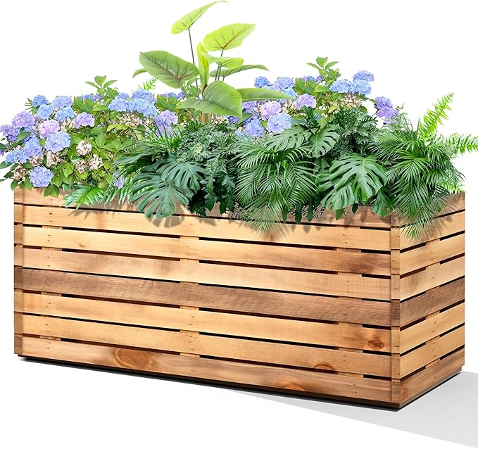 Metal Planter Box Rectangular Planter Box with Drainage Hole, Outdoor Large Planters, All-Weather Use, Rust-Resistance, for Flowers Plants, 38" L × 15" W × 16.3" H, Dark Walnut