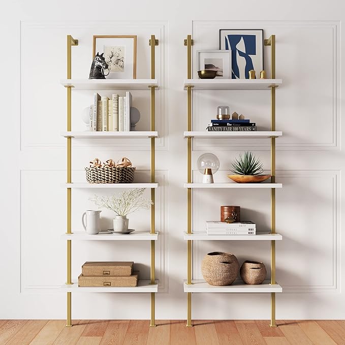 Nathan James 66001 Theo 5-Shelf Gold, Ladder Bookcase with Gold/Brass Metal Frame, White, Set of 2