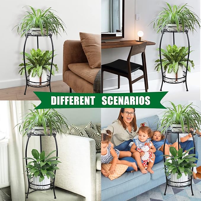 MOCORY Plant Stand Indoor Outdoor 2 Tier 25" Tall Metal Potted Holder Flower Pot Stand Heavy Duty Plant Shelf Rustproof Iron Multiple Plant Round Supports Rack for Planter Corner Garden Balcony Patio