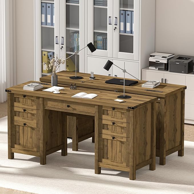 Executive Desk, Modern Farmhouse Computer Desk with Drawers & Cabinet, Home Office Desk for Work Study Writing Workspace (Light Brown, 62")
