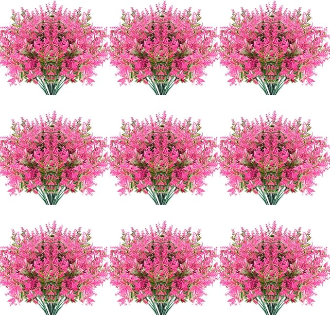 20 Bundles Artificial Lavender Flowers Outdoor UV Resistant Fake Flowers No Fade Faux Plastic Plants Garden Porch Window Box Decorating (Pink)