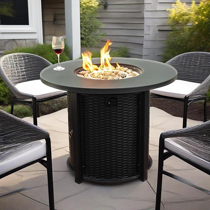 32" Propane Gas Fire Pit Table, 50000 BTU Round Steel Fire Pit with Lid & Glass 2 in 1 Fire Pit Table Rock for Outside Patio Deck Garden Courtyard