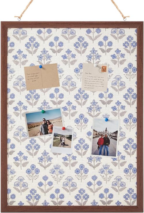 Leinuosen Cork Board - Decorative Floral Design with Blue Flowers | 17 x 23 Inch Framed Bulletin Board for Home, School, Office Decor