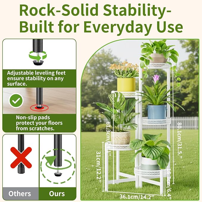 Metal Plant Stand Indoor Outdoor, 5 Tier Tall Flower Pot Holder Potted Display Rack Shelf, Heavy Duty Corner Plant Shelf for Patio Garden Balcony Living Room Bedroom - WhiteWave