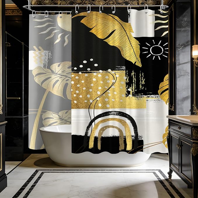 Extra Long Shower Curtain Extra Tall Black and Gold XL Abstract Dark Mens Shower Curtains for Large Bathroom Decor Sets, Waterproof Cloth Fabric with Hooks, 108x72 Inch