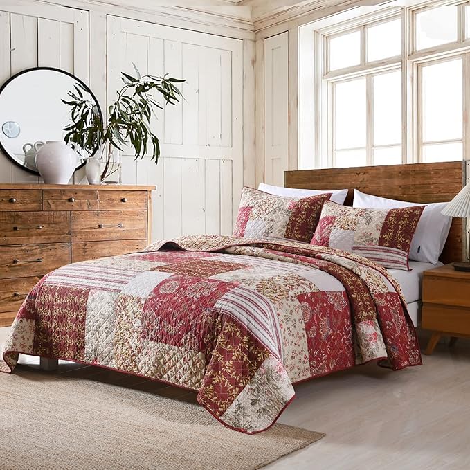 Yvooxny King Quilt Set Quilted Bedspread Country Farmhouse Cottage Vintage Ditsy Floral Paisley Style Reversible Lightweight Coverlet Set Real Patchwork Quilt for All Seasons, Antique Rose, King Size