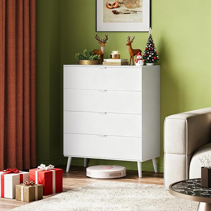 WLIVE 4 Drawer Dresser for Bedroom, Wooden White Tall Dresser, Modern Dressers with Sturdy Metal Handle, Small Chest of Drawers for Living Room, Hallway