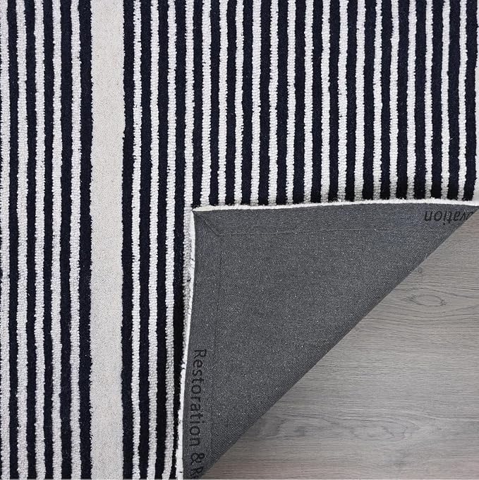 Modern Handmade Wool Area Rug, Abstract Curved Line Geometric Carpet for Living Room Bedroom, Contemporary Tufted Indoor Rug with Soft Pile and Cotton Backing (Ink, 8' x 12')