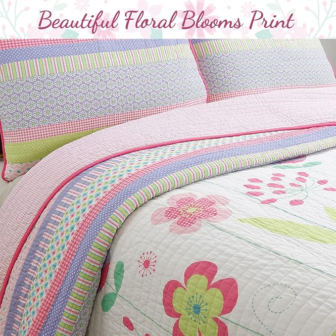 Cozy Line Home Fashions Pink Lavender Green Floral Print Girl 100% Cotton Reversible Quilt Bedding Set, Coverlet, Bedspread (Blossom, Twin - 2 Piece)