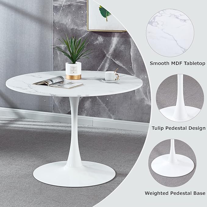 5-Piece Round Dining Table Set,42" Mid-Century Modern Kitchen Table with 4 Chairs,Tulip Pedestal Table & Solid Wood Legs,Space Saving Compact Furniture for Small Spaces Apartment Home,White/Marble