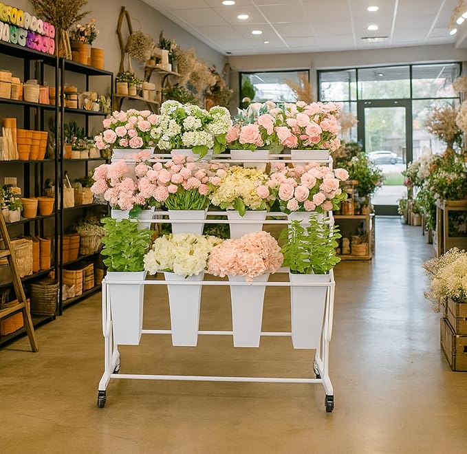 Flower Display Stand Frame, 3-Tier Flower Cart with Wheels, Metal Floral Display Rack , Moving Florist Bouquet Shelf for Shop ,Flower Bar, Events (White - 3 Tier)