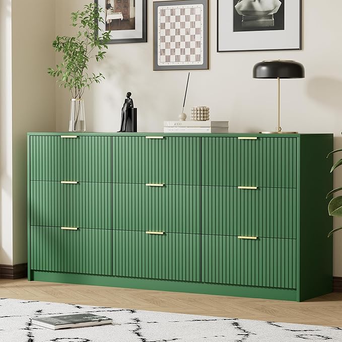 Green Dresser for Bedroom, Modern Dresser with 9 Drawers and Smooth Slides, Wide Chest of Drawers with Golden Handles for Bedroom, Living Room, Closet, 15.7" D x 63" W x 31.5" H