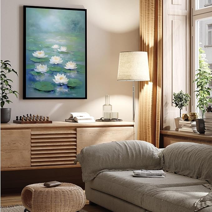 Zen wall art Delicate white lotus flower floating on calm water Vintage oil painting print Serene aquatic wall art creates a tranquil home decor 12x18in Metal blackFramed