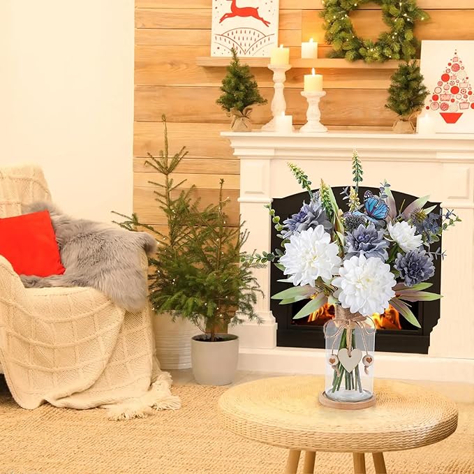 Fake Flowers in Vase 15.5"Centerpiece Table Decorations Silk Blue Flowers Arrangements Decor With Glass Vase Dahlia Artificial Flowers Chrysanthemum Faux Stems Butterfly Decorations (Clear)